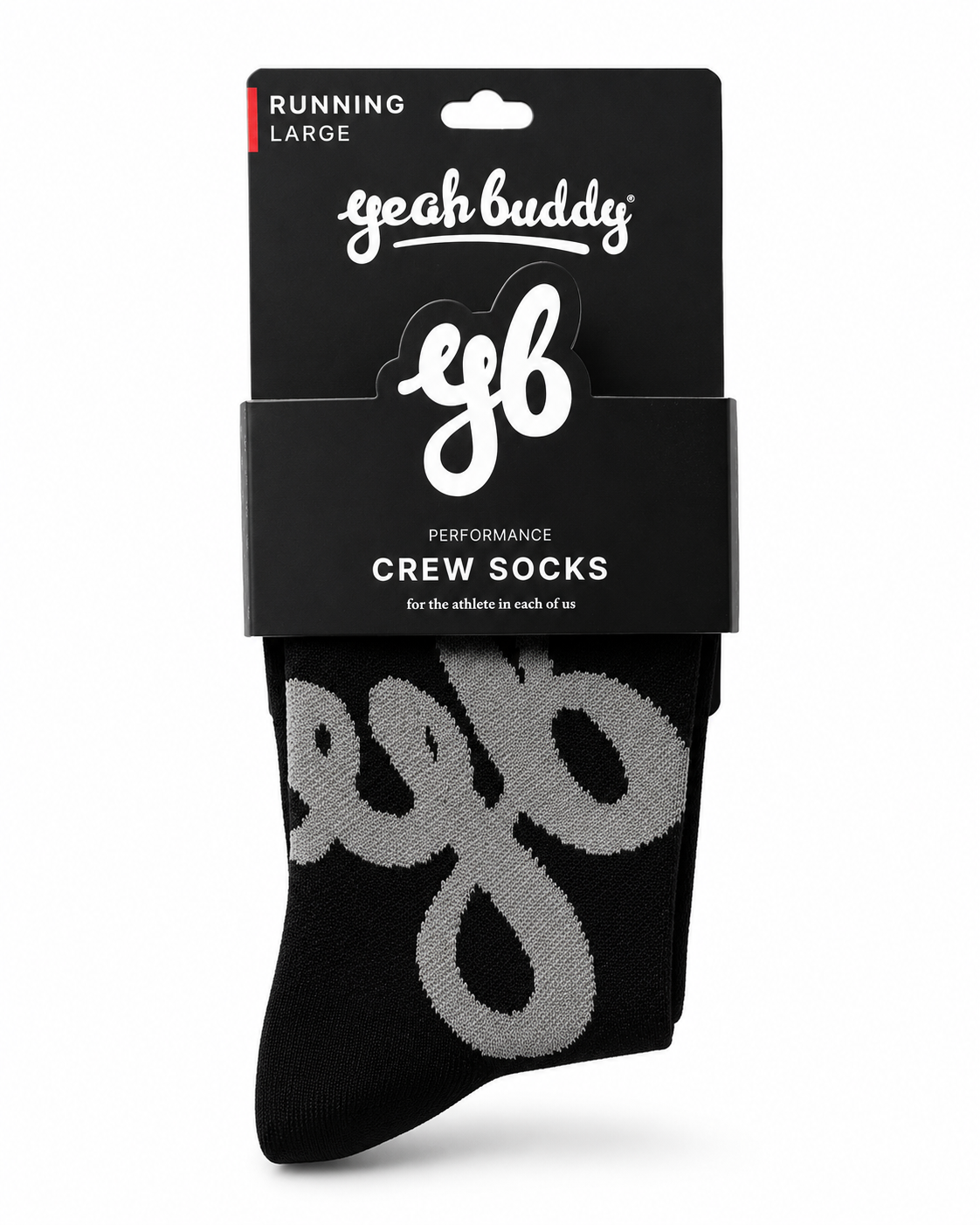 Yeah Buddy black performance running crew socks with a grey yb monogram, in branded packaging