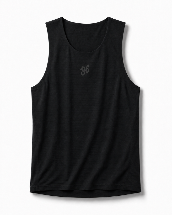 Yeah Buddy black seamless performance running singlet with a tonal yb logo on the chest