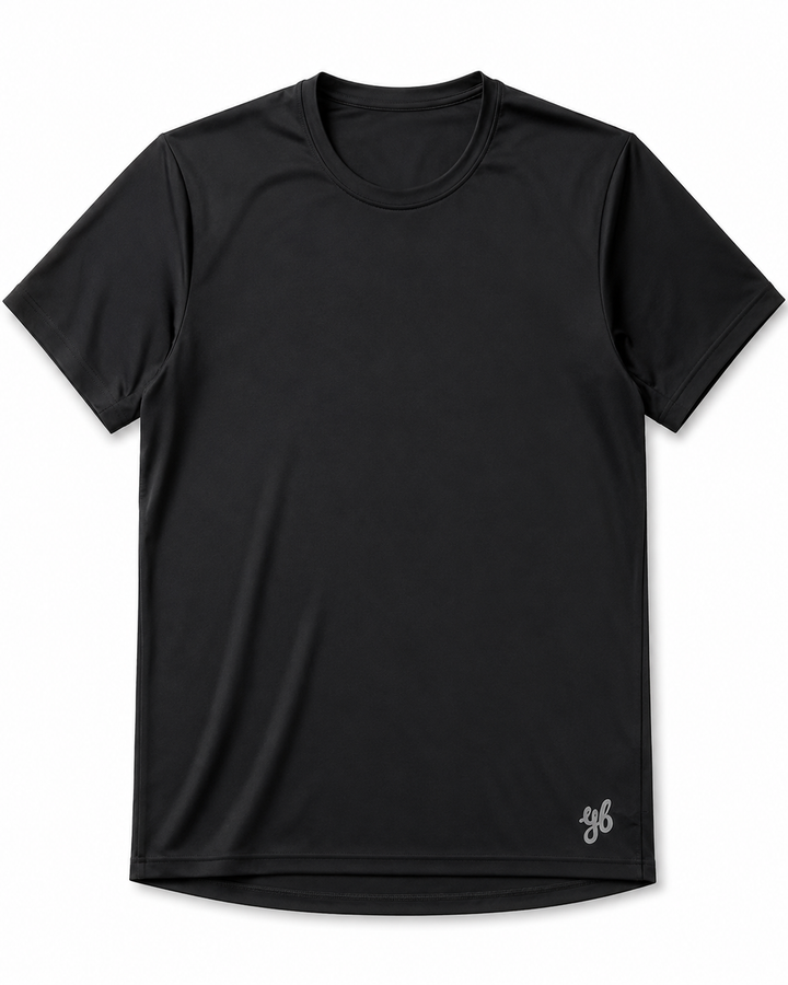 Yeah Buddy black performance running shirt, a crew-neck tee with a tonal yb logo at the hem