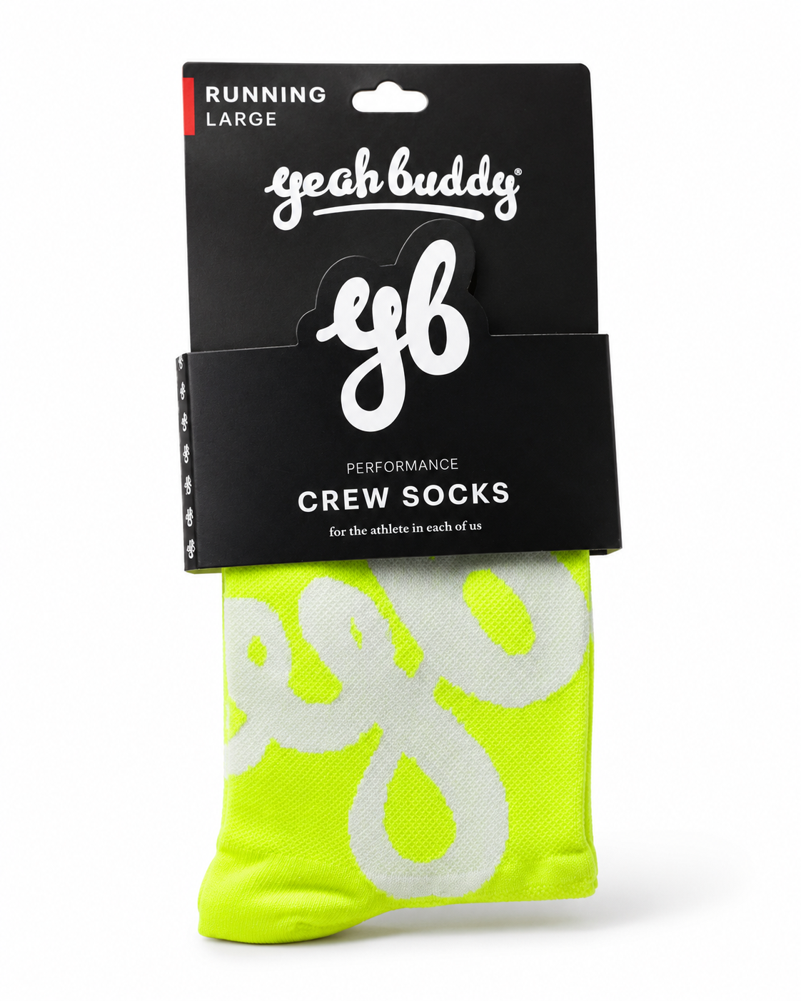Yeah Buddy fluoro yellow performance running crew socks with a white yb monogram, in branded packaging