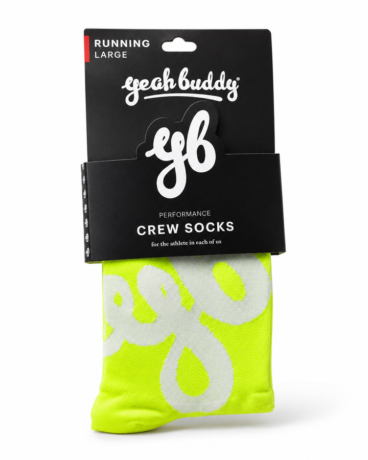 Yeah Buddy fluoro yellow performance running crew socks with a white yb monogram, in branded packaging