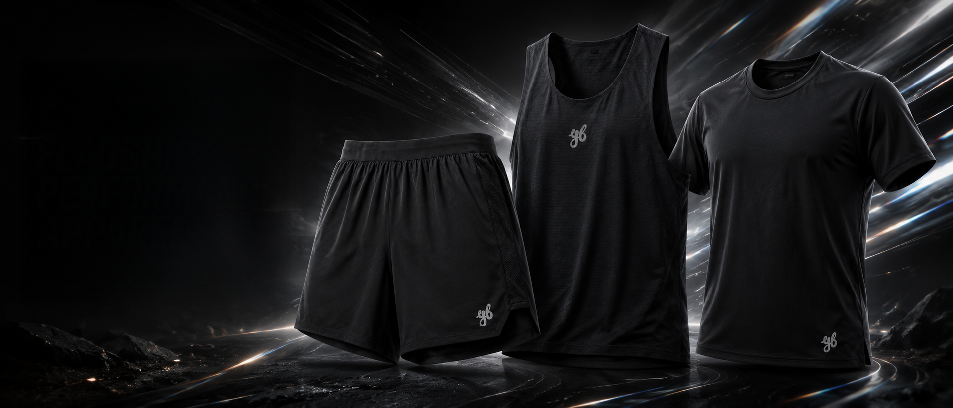Yeah Buddy flagship performance apparel: running shorts, singlet and shirt in black
