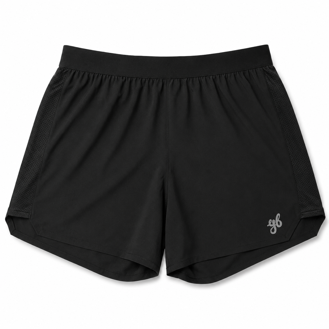 Yeah Buddy black performance running shorts with mesh side panels and a tonal yb logo on the leg
