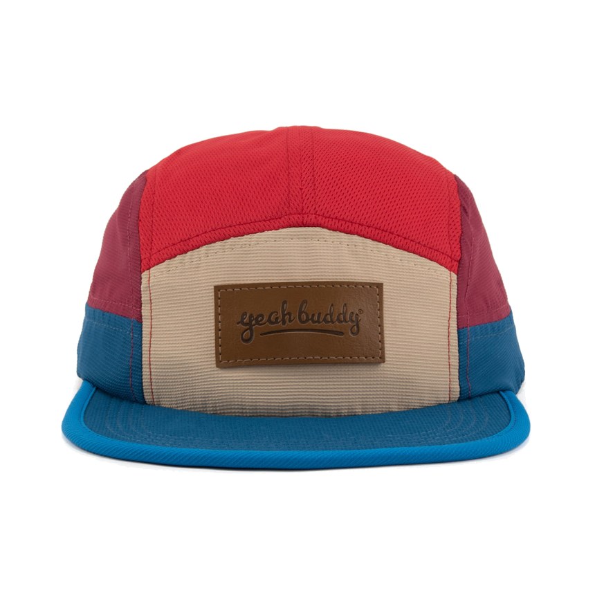 Yeah Buddy Pathfinder red, tan and blue five-panel running cap with a leather patch